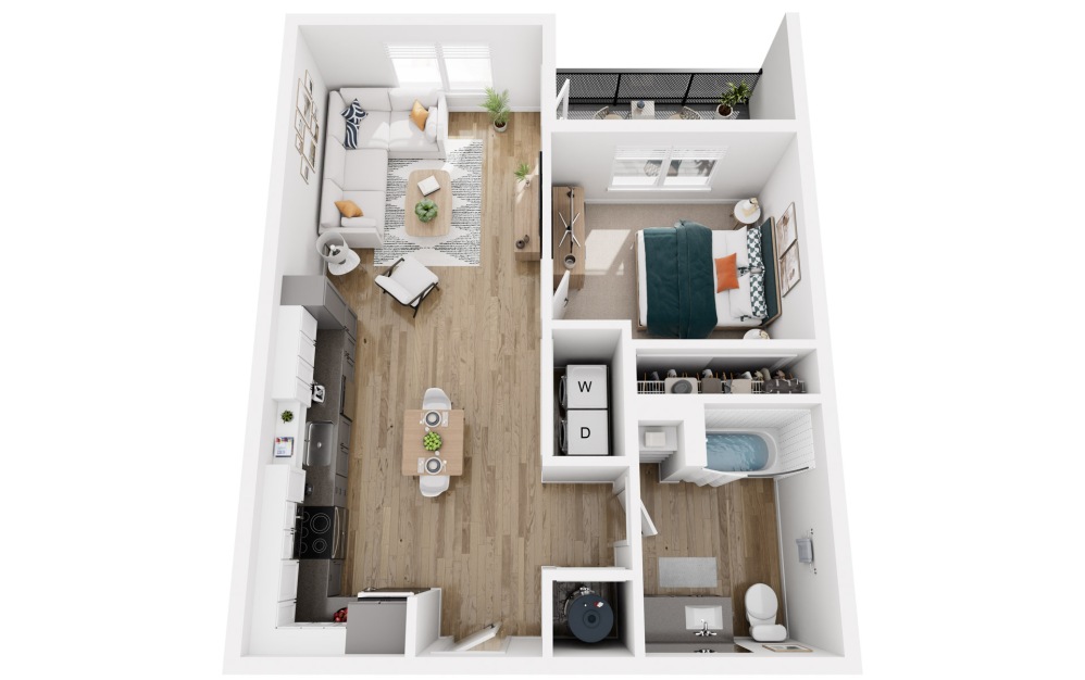 Platform 1.1a - 1 bedroom floorplan layout with 1 bathroom and 694 square feet (3D)