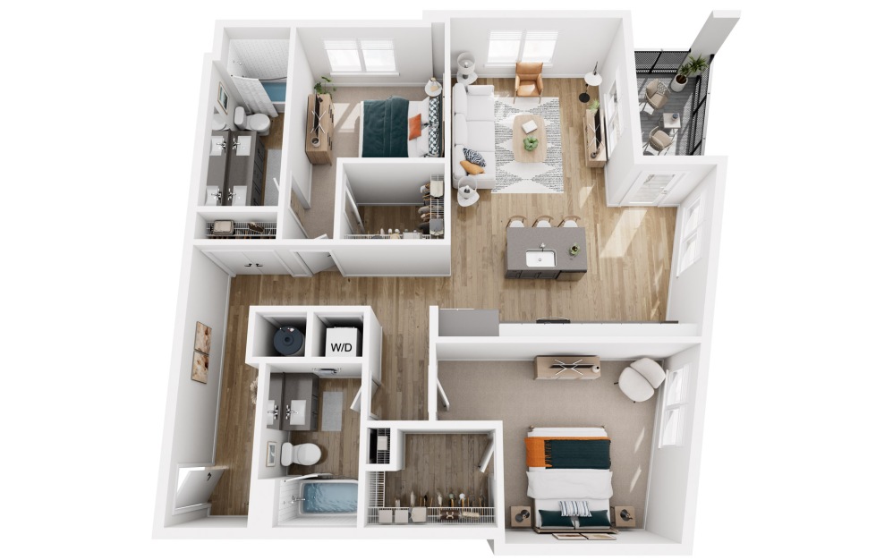 Platform 2.1 - 2 bedroom floorplan layout with 2 bathrooms and 1217 square feet (3D)