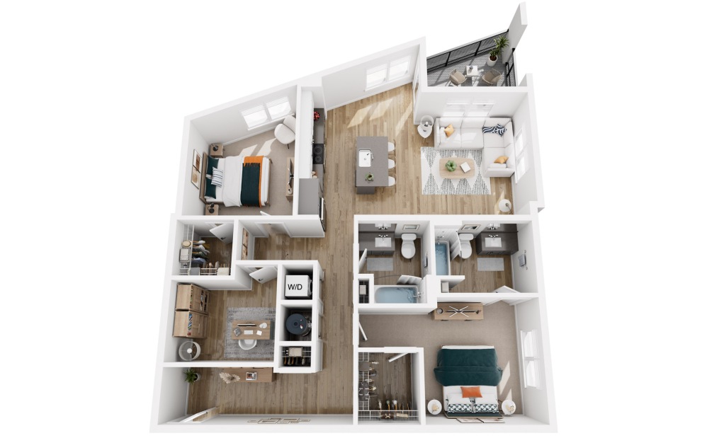 Platform 2.2 - 2 bedroom floorplan layout with 2 bathrooms and 1252 square feet (3D)