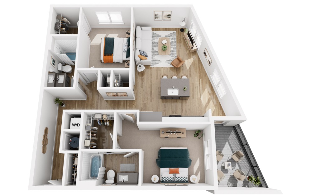 Platform 2.3 - 2 bedroom floorplan layout with 2 bathrooms and 1156 square feet (3D)