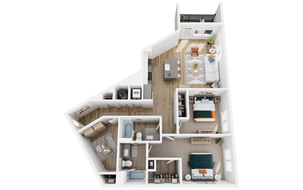 Platform 2.4 - 2 bedroom floorplan layout with 2 bathrooms and 1214 square feet (Floor 1)