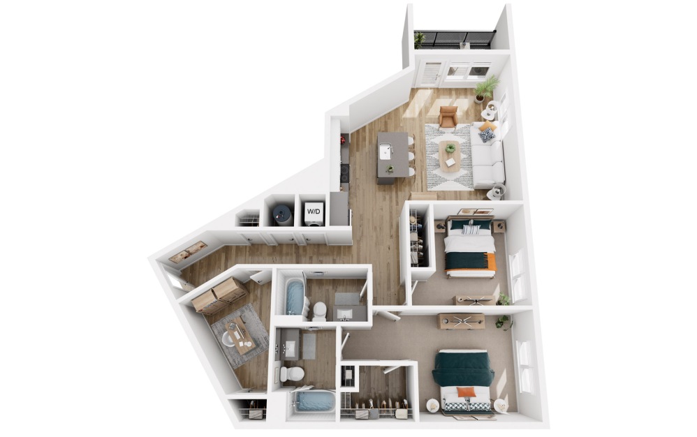 Platform 2.4 - 2 bedroom floorplan layout with 2 bathrooms and 1214 square feet (3D)
