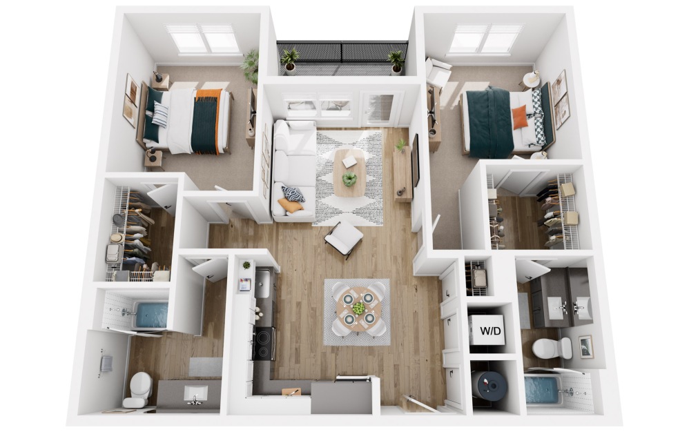 Platform 2.7 - 2 bedroom floorplan layout with 2 bathrooms and 1003 square feet (3D)