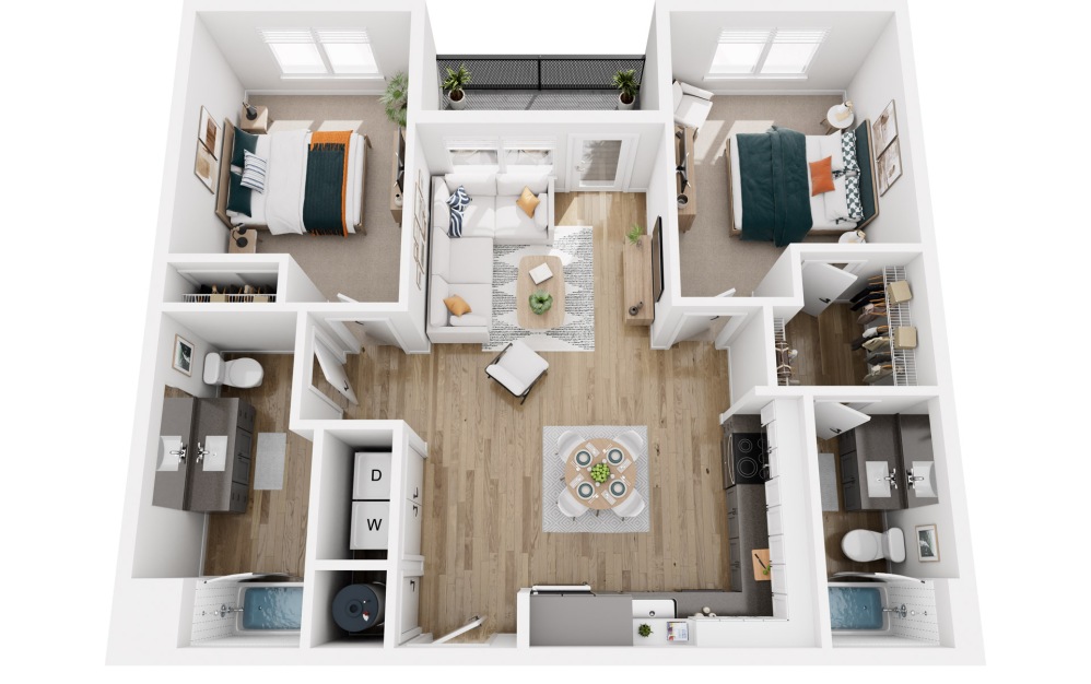 Platform 2.7a - 2 bedroom floorplan layout with 2 bathrooms and 1003 square feet (3D)