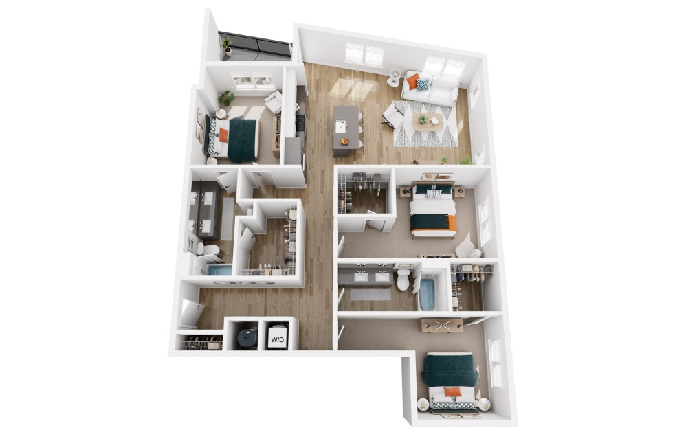 Platform 3.1 - 3 bedroom floorplan layout with 2 bathrooms and 1542 square feet (3D)