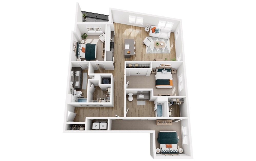 Platform 3.1a - 3 bedroom floorplan layout with 2 bathrooms and 1542 square feet (3D)
