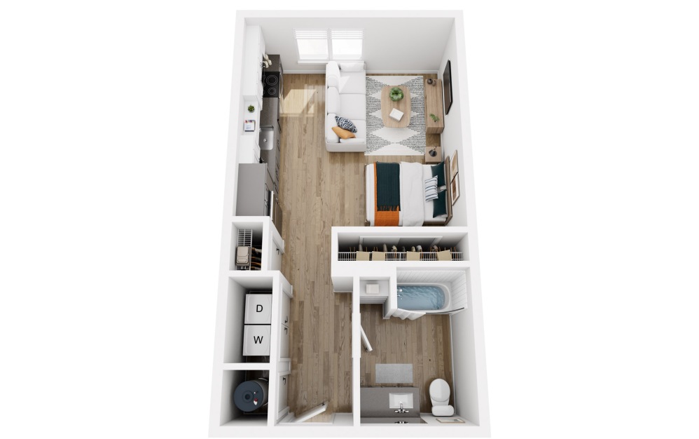 Platform S1a - Studio floorplan layout with 1 bathroom and 612 square feet (3D)