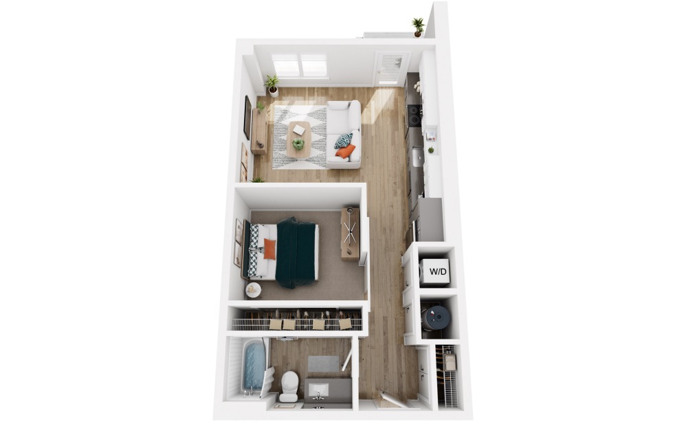Platform S4 - Studio floorplan layout with 1 bathroom and 612 square feet (3D)